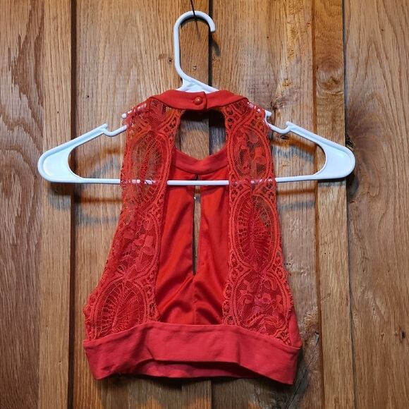Lulus Lace Back Bodycon Cut Out Halter Neck Crop Top, Small,  Red - Picture 2 of 8